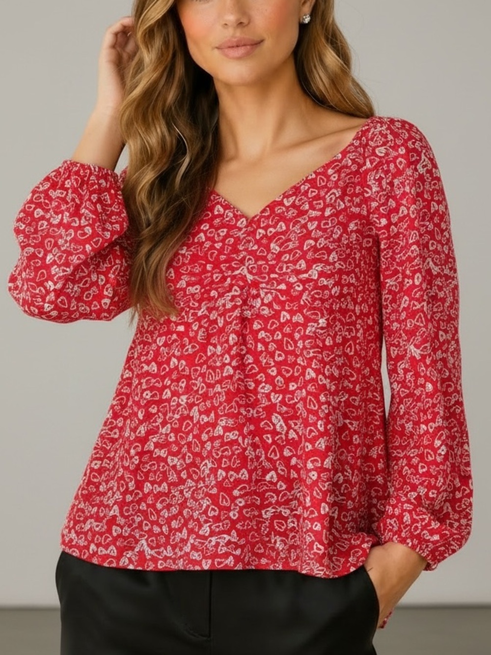 NWT LOFT Red & White Heart V-Neck Long Sleeve Smocked Back Lined Top Size 10